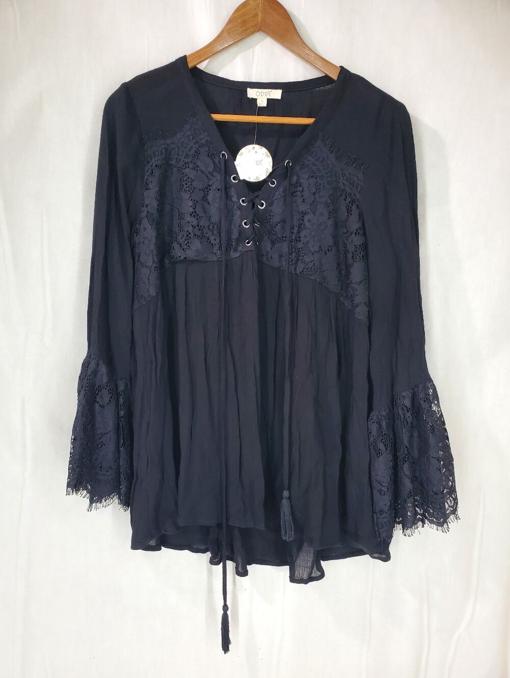 NWT ODDY BLACK LACE BOHO WITCHY GAUZY PEASANT TOP SIZE SMALL